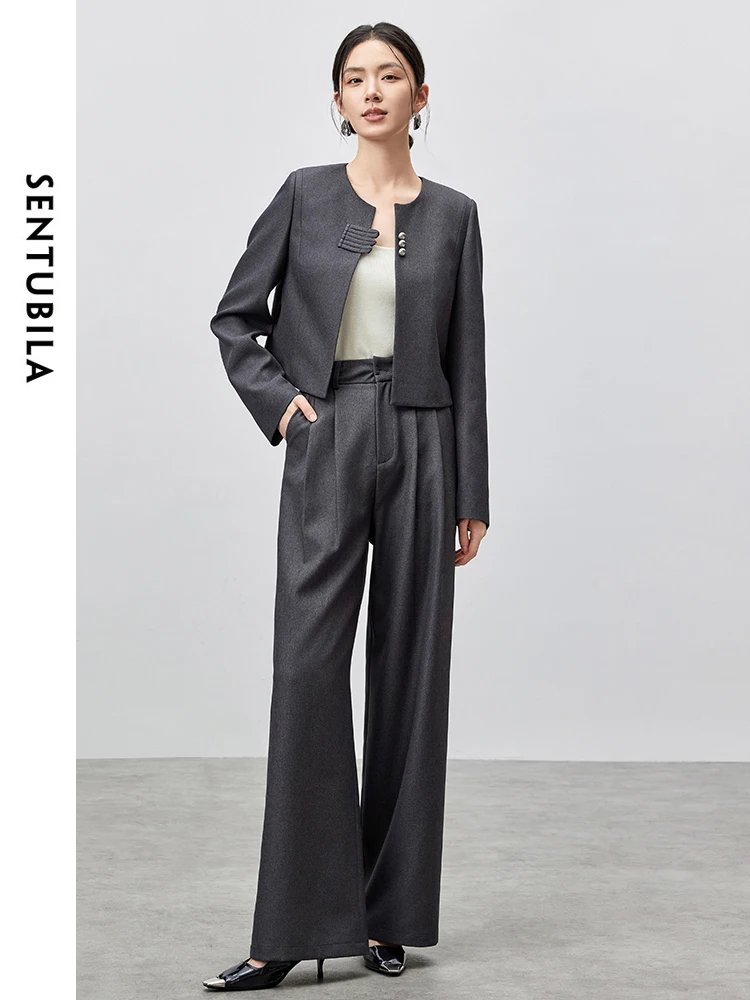 SENTUBILA Women 2 Piece Set   2024 Autumn Rounf Neck Short Coat Straight Folds Wide Leg Pants Office New Match Sets 143Z55935