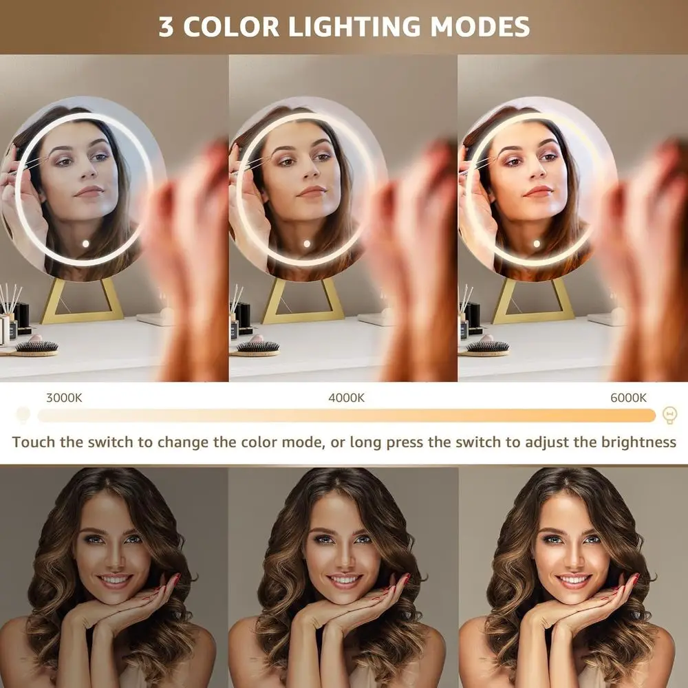 Tocador de maquillaje blanco y dorado con espejo y luces, cajones, sillas de tela y toma de corriente para dormitorio moderno