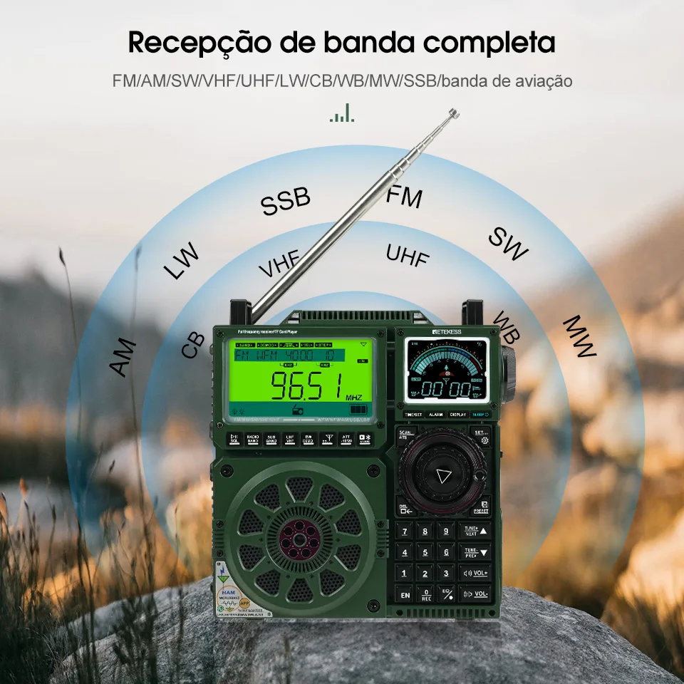 RETEKESS TR113 radio portátil am fm Flagship febre receptor, Full Band Ham Rádio, FM,MW,SW,VHF,UHF,WB,banda de aviación,SSB ondas curtas, Antena externa，caixa de som,altavoz compatible con tarjeta TF AUX para presente