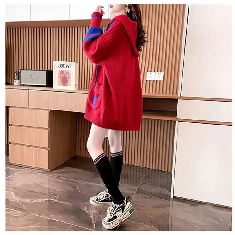 Buttons Lacing Long Sleeve Hooded Sweatshirts 2023 Women\'s Clothing Fashion Loose Pocket Office Lady Simplicity Letter Sweaters