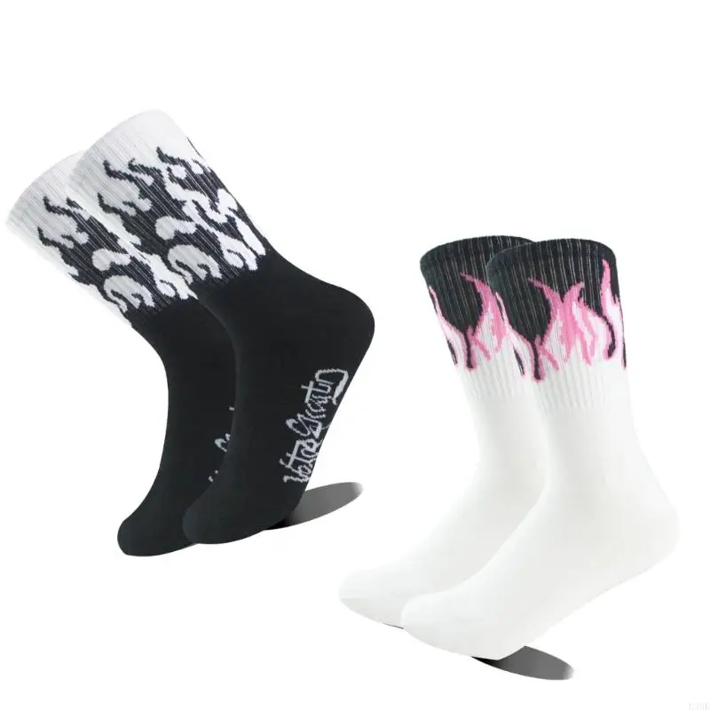 

L38E Спортивные носки для экипажа из хлопчатобумажной ткани с графикой пламени, эластичные, для тренировок в тренажерном зале, 2