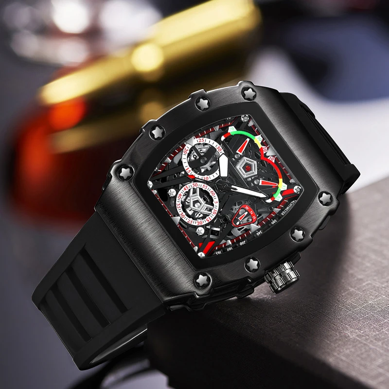 Factory Wholesale New Watch For Men Luxury Brand Black Tonneau Quartz Watches Man Fashion Sport Rubber Band Relojes Dropshipping