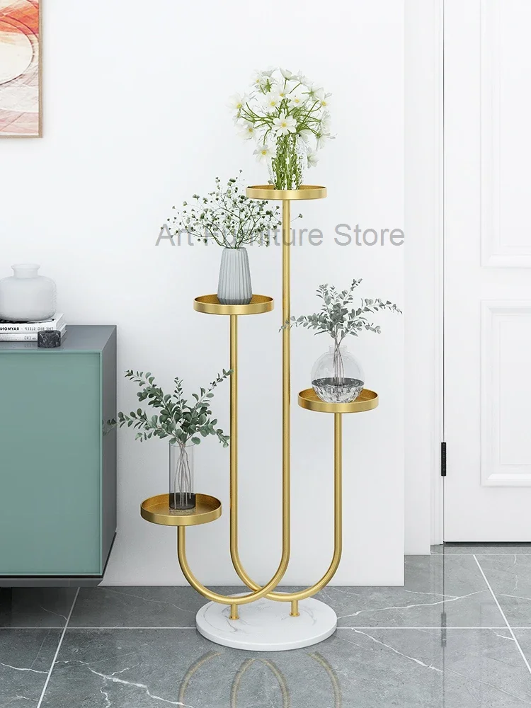 

Light luxury multi-layer flower stand living room floor-to-ceiling balcony built-in shelf Nordic marble green pot