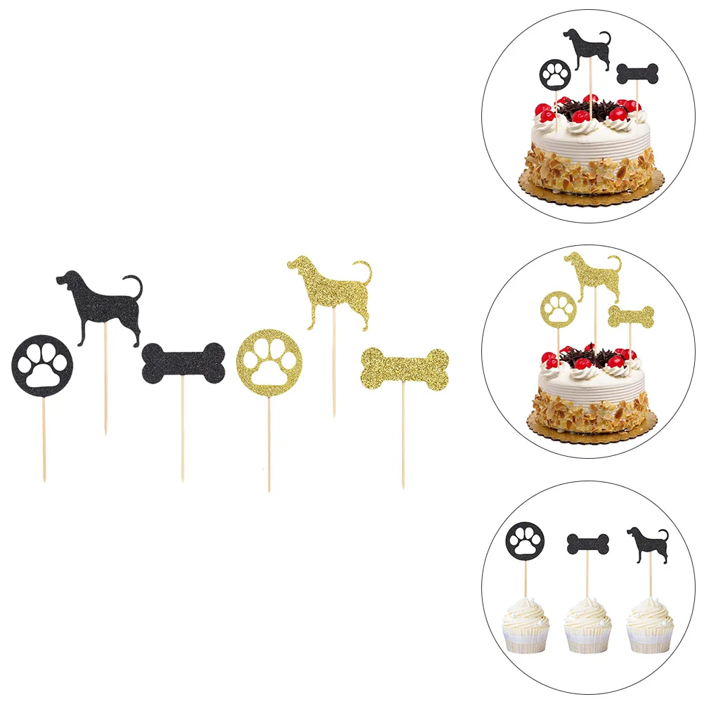 

24pcs Cake Decorations Picks Black Gold Bone Dog for Birthday Party Cupcake Topper Dessert Decorations