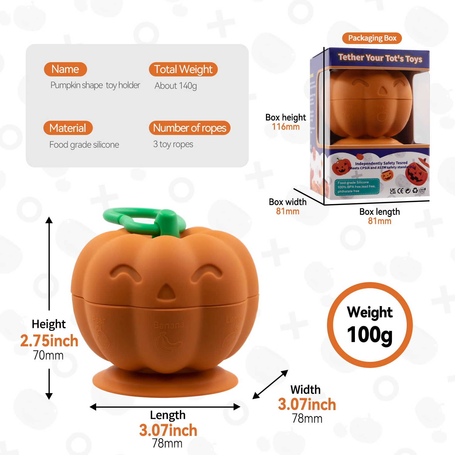 Silicone Teether Suction Cup Toy Halloween Pumpkin Shape Baby Teether Toy For Kids With Baby Toy Strap