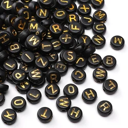 50pcs 4x7mm Black Flat Round Gold Color A-Z Alphabet Letter Acrylic Loose Spacer Beads for Jewelry Making Diy Bracelets Findings