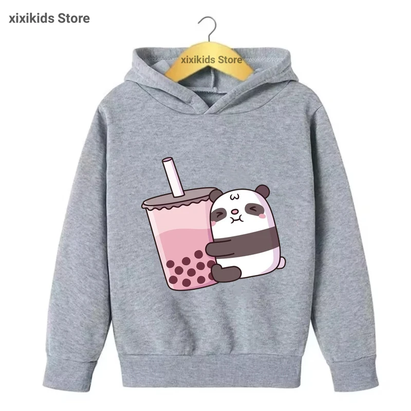 Panda Loves Milk Tea Cartoon Print Cap Hoodies Girls/Boys Funny Kawaii Kids Clothes Sweatshirt Winter/Spring/Autumn Coat Tops