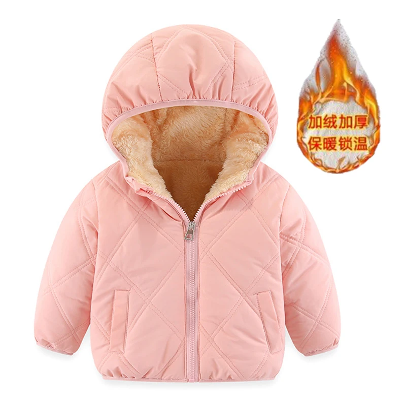 Winter New Girls Jacket Solid Color Lamb Wool Lining Thick Hooded Coats 2-6 Years Kids Plus Velvet Keep Warm Down  Snowsuit