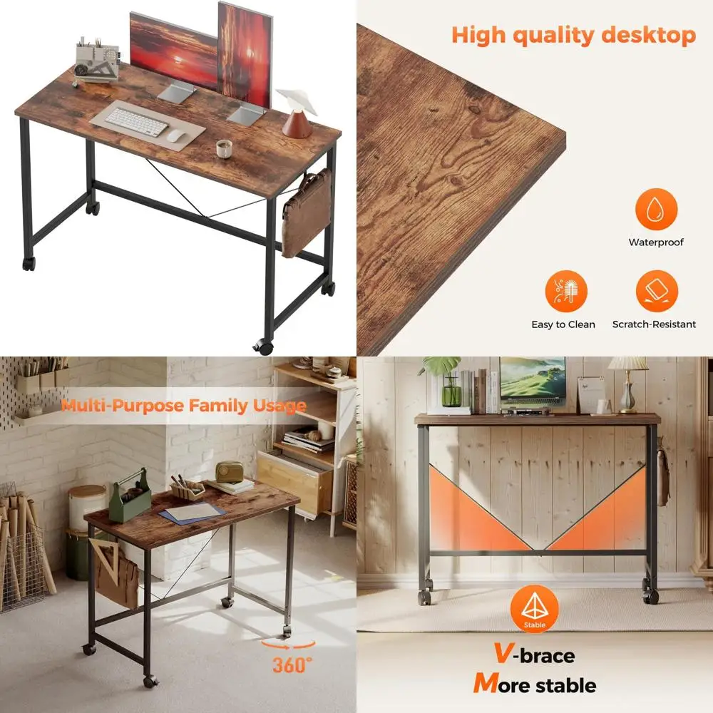 مكتب ألعاب مدمج مع عجلات للمساحات الصغيرة، ومكتب منزلي على الطراز الحديث وطاولة كتابة للدراسة