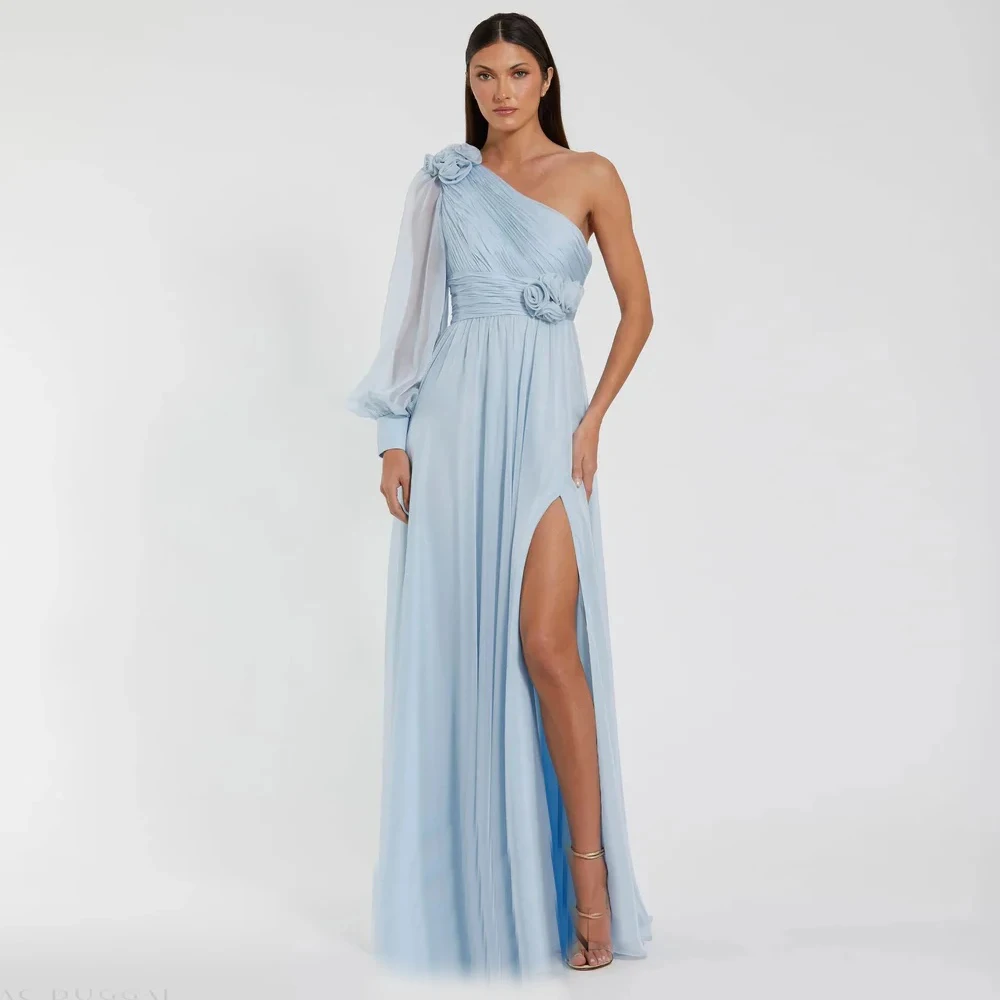 

High Quality Evening Dresses Chiffon for Floor-Length One-Shoulder Prom Dress Slit Flowers A-line Vestidos De Fiesta Customized