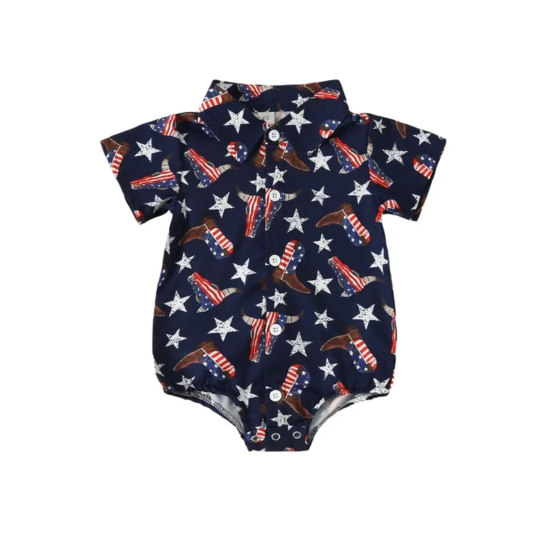 Newborn Baby Boy 4th Of July Outfit Infant Independence Day Short Sleeve Button Down Lapel Collar Stars Romper