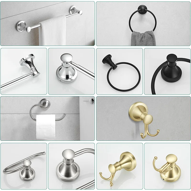 4-Piece Bathroom Bath Set, Wall Mount (Adjustable Towel Bar Rack, Towel Ring Holder, Paper Towel Holder, Double Towel Hook)