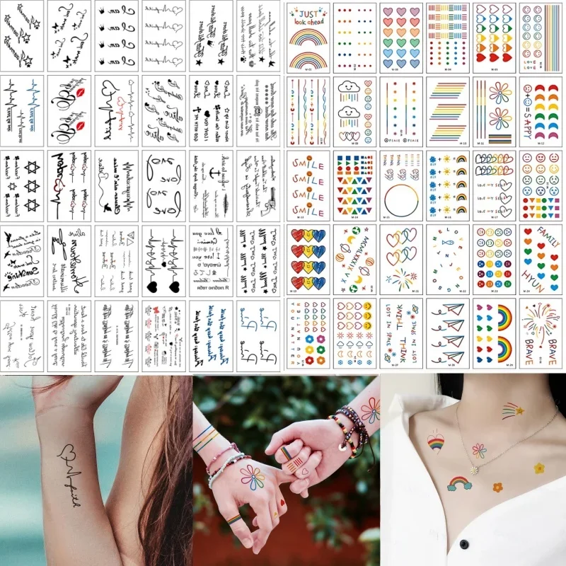 60pcs/set Fake Tattoos Adhesive for Children Boys Girls Arm Sample Tiny Color Heart Line Quote Words Sentences Transfer Tattoos