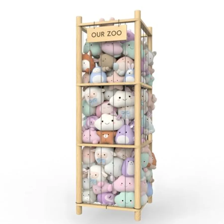 

Stuffed Animal Storage and Organizer Wooden Eco-Friendly Toy Holder with Elastic Ropes and DetachableBag Fun Interactive Plush