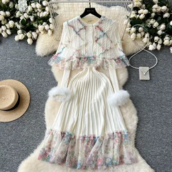 Chic Print Mesh Spliced Knit Women Two-Piece Sets Vintage Single Breasted Cloak Long Sleeve Dresses French High Street Clothing