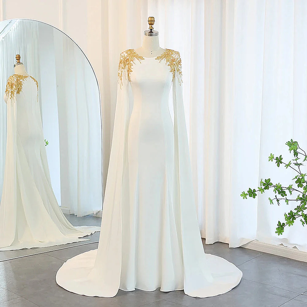 

Customized O-neck Simple White Jersey Evening Dress Sweep Train Appliques Draped Party Dress Mermaid FLoor Length Prom Gowns