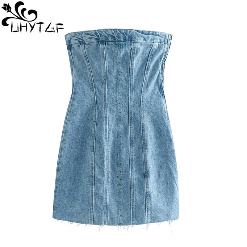 

Sexy Blue Denim Sheath Mini Party Dress Women Y2K Street Style Jeans Tube Backless Bodycon Dress Fashion 2024 Vestidos 2505