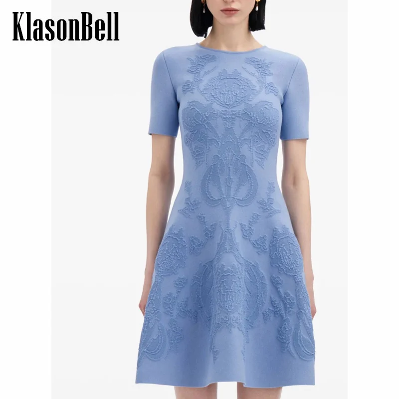 

9.2 KlasonBell Women Vintage Fashion Flower Jacquard Half Sleeve Knit Dress O-Neck Collect Waist A-Line Mini Dress