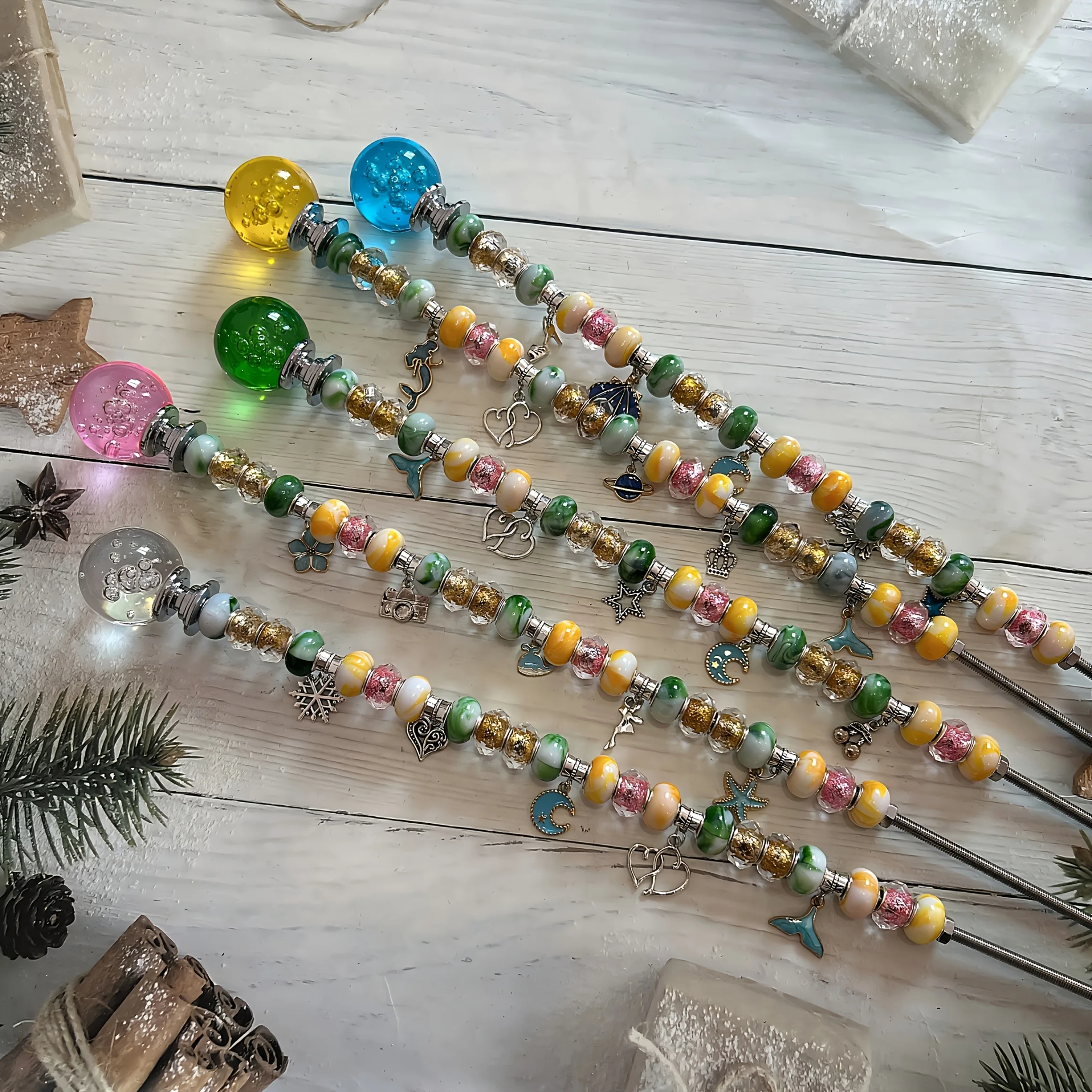 5 sets of DIY fairy wand fairy magic wand bead string garden wooden stake plant stake kits - 5 round crystal tops, 25 decorative droplets, 100 beads, 5 stainless steel threaded rods and 5 nuts, very suitable for outdoor decoration and flower pots and flow view 5