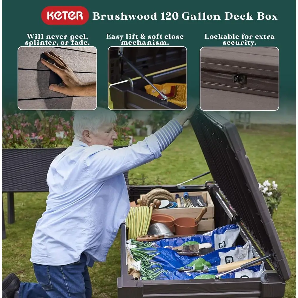 Outdoor Storage Deck Box, Patio, Backyard & Garden, 120 Gal, Brown - Lockable, Organizing, Waterproof Plastic Container Bench