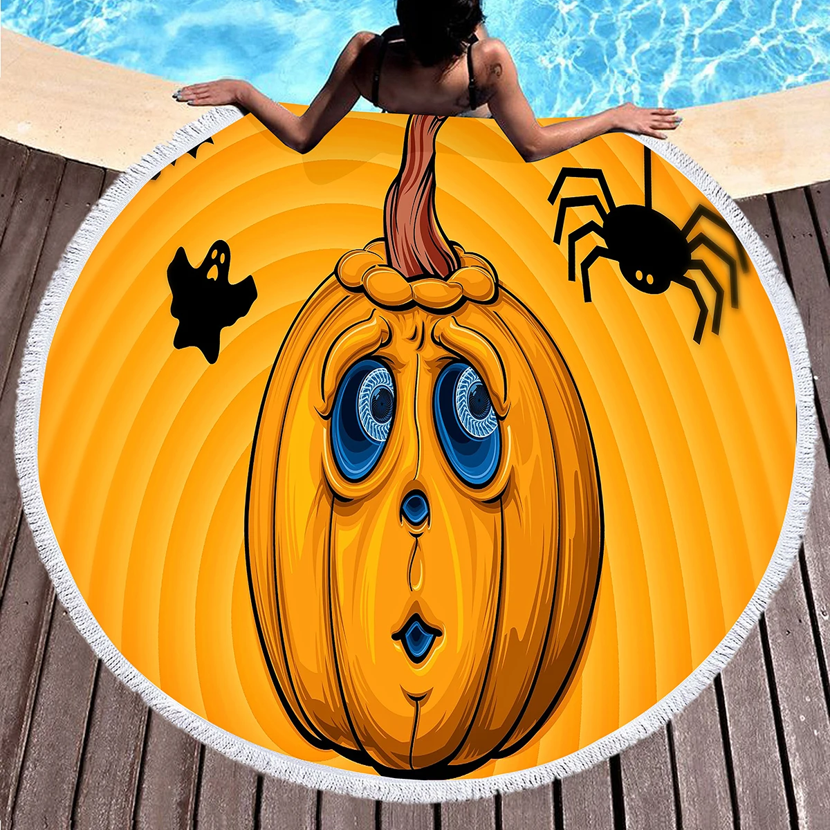 Toalla de playa redonda con estampado de calabaza de Halloween, manta de playa de poliéster resistente a la arena, toalla de piscina de secado rápido absorbente suave, estera de Picnic