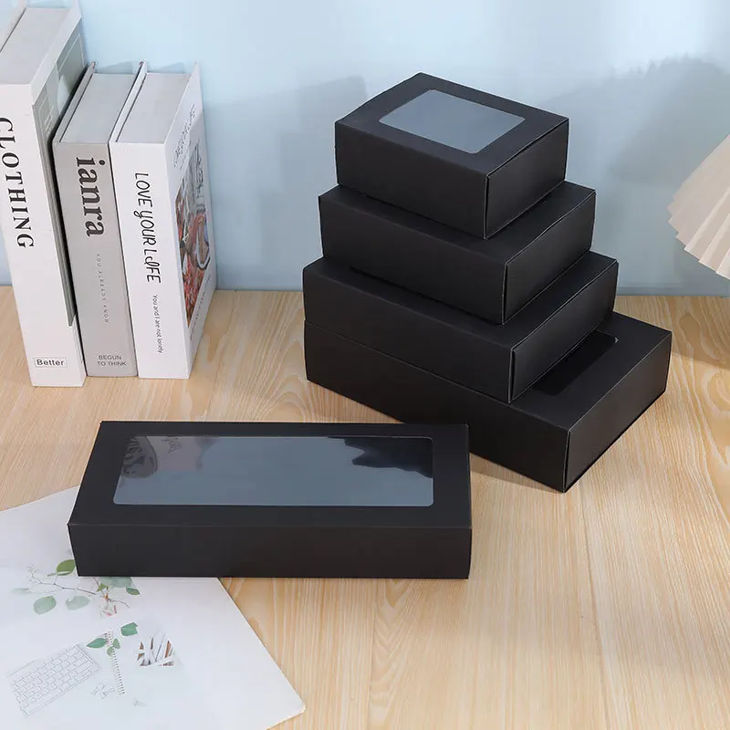 100Pcs/Lot Black Cardboard Boxes Drawer Slide Packaging Box With PVC Clear Window DIY Gift Box Wholesale