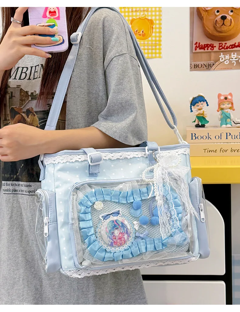 Neue Kawaii Leichte Umhängetasche Anime Transparente Ita-Tasche Damen Schulter-Crossbody-Tasche Modische Polka-Dot-Schleifen-Tragetasche – Detail 20