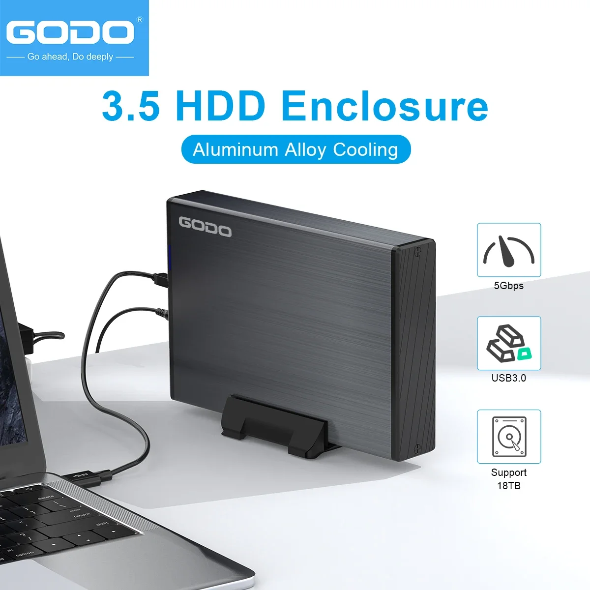 GODO USB 3.0 3.5 Inch SATA HDD SSD External Hard Drive Enclosure Case Aluminum Alloy 18TB with Power Adapter & Stand