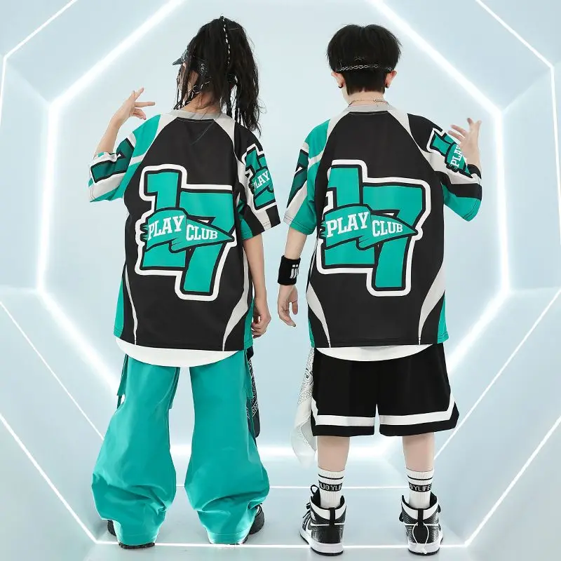 2024 Kids Hip Hop Dance Costumes Blue Loose T-Shirts Cargo Pants Streetwear For Girls Boys Jazz Performance Stage Wear