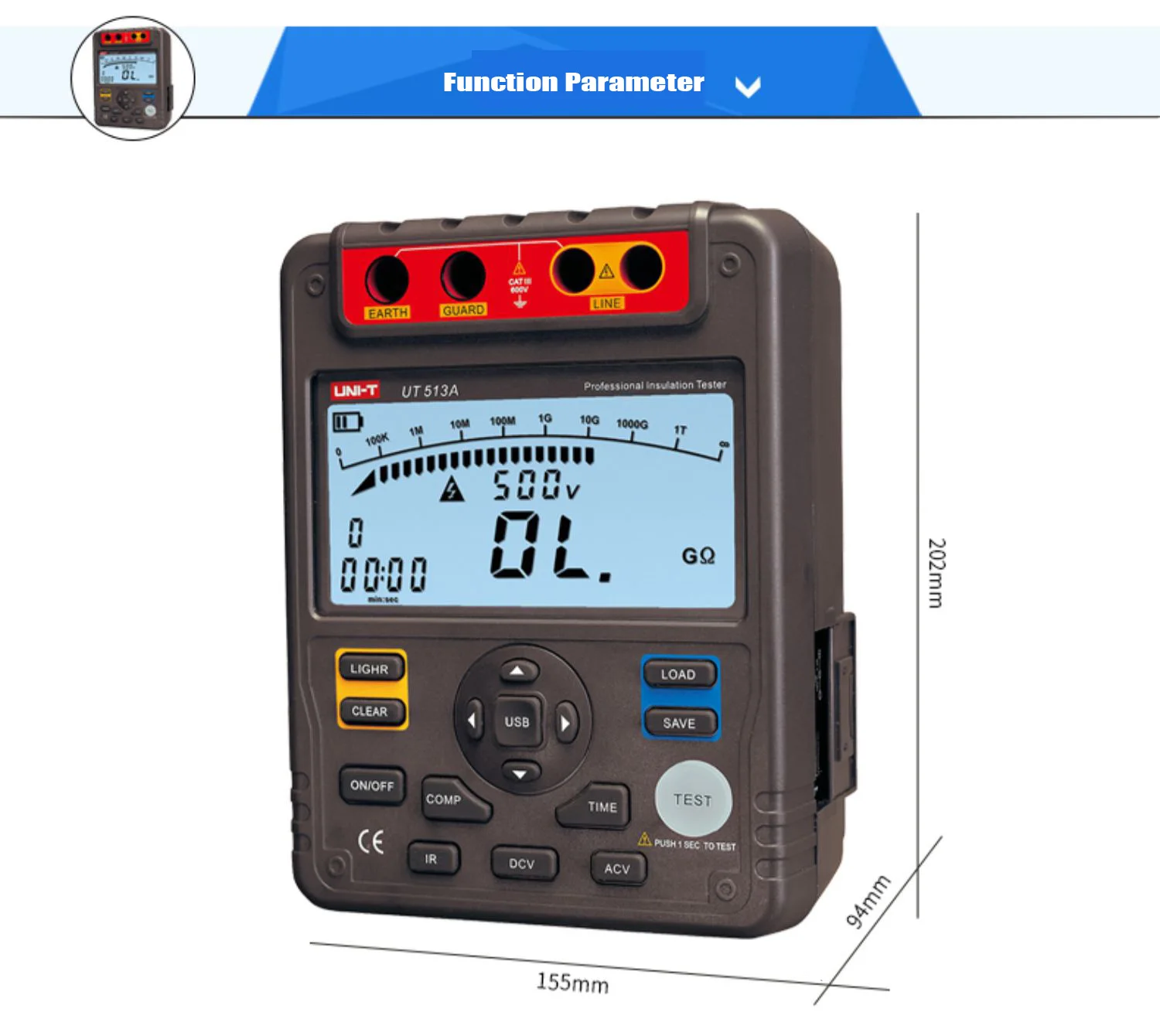 UNI-T UT513A probador de resistencia de aislamiento voltímetro 5000V 1000G ohm con interfaz USB medidor de tierra UNI-T UT513A