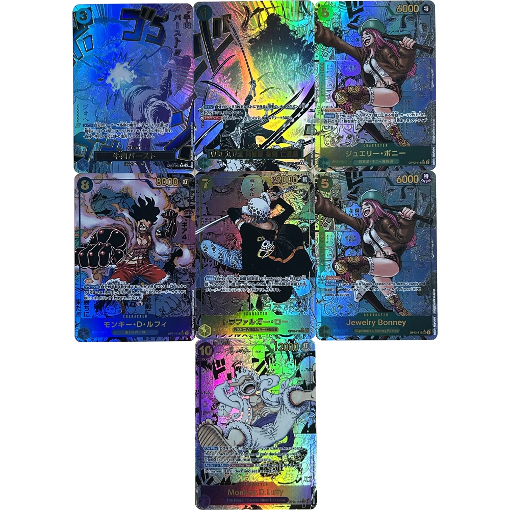 

7Pcs/set New Anime OPCG Collection Card Luffy Jewelry Bonney Trafalgar D Water Law Refractive Color Flash Relief Card Kids Gift