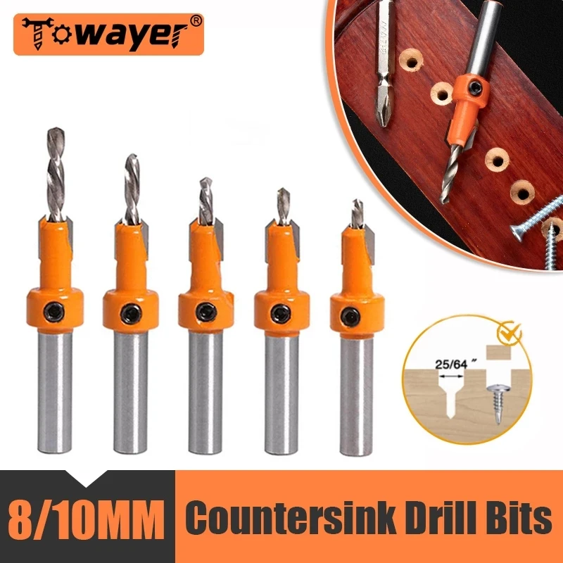 HSS Woodworking Step Drill, Countersink Router Bit Set, Extrator de parafuso, Demolição Remon para Fresa de Madeira, 8mm, 10mm Shank, 7Pcs