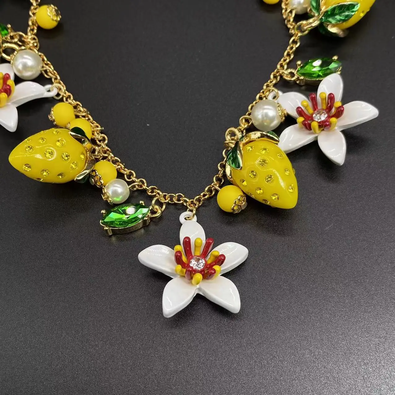 Vintage Colorful Flower Fruit Necklace Earrings Set Enamel Gold-plated Inlaid Earrings