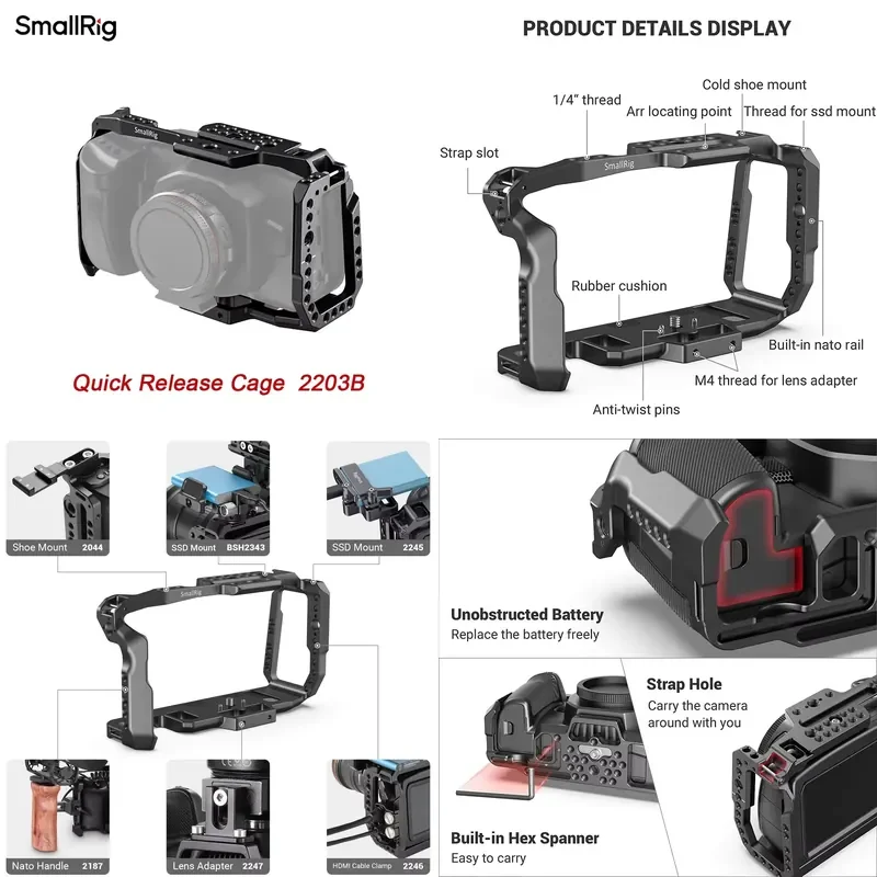 Brand For SmallRig 2203B Quick Release Cage 4K/6K for Blackmagic Pocket Cinema 4K | NATO Rail Cold Shoe for Pro Video