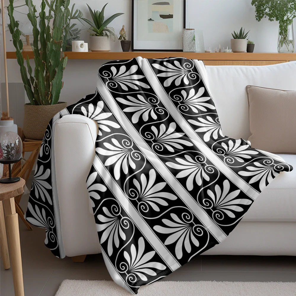 Black & White Geometric Striped Throw Blanket Greek Key Pattern Sofa Bed Living Room Decor Cushion Cover Bedspread