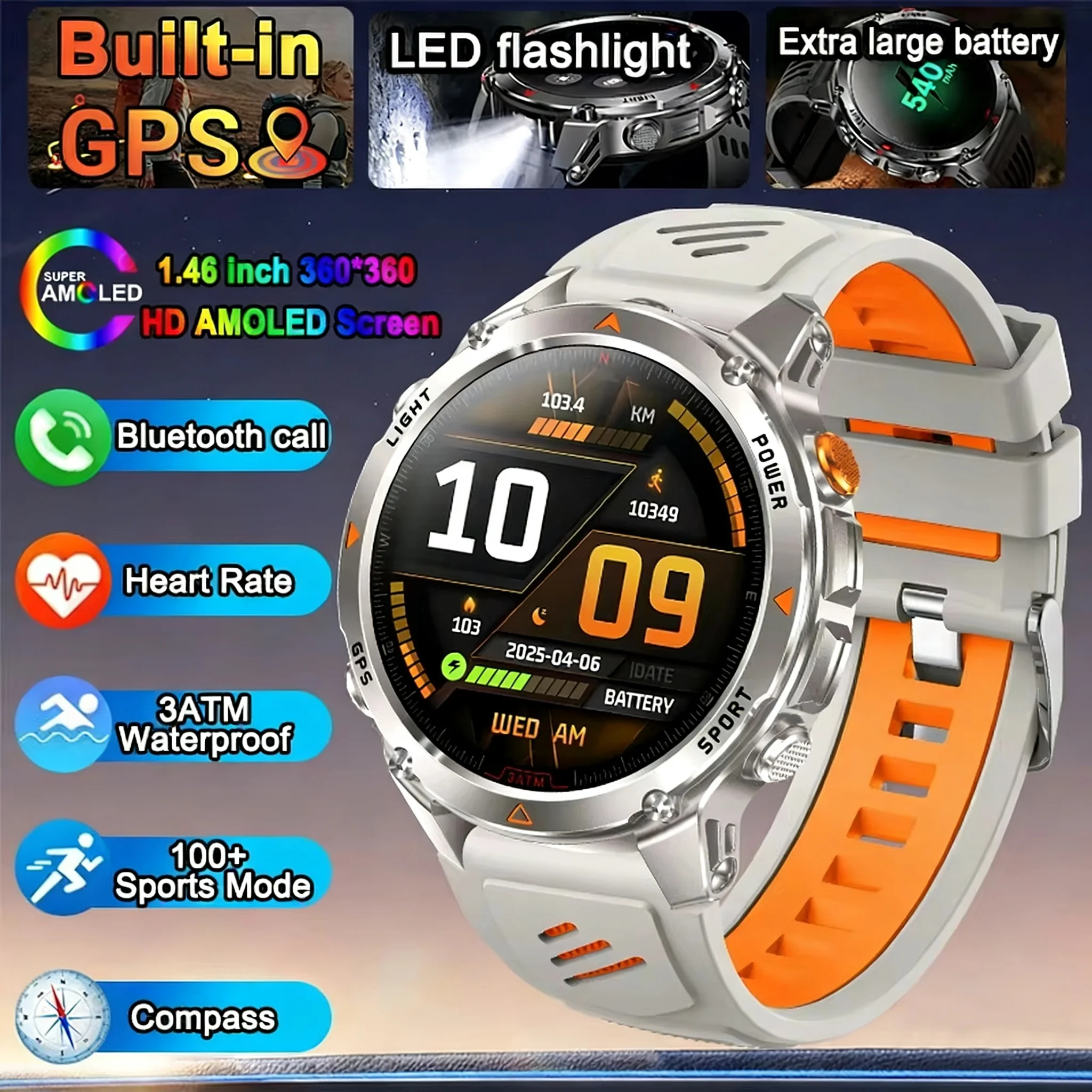

2025 New Sports Smartwatch GPS 1.46"HD LED Flashlight 540 MAH Men 100+ Sports 3ATM Waterproof Compass Bluetooth Call Smartwatch