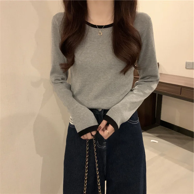 Autumn Women T-shirt Slim Fit Base Layer Long Sleeve Design Unique Style Round Neck Short Thin Top