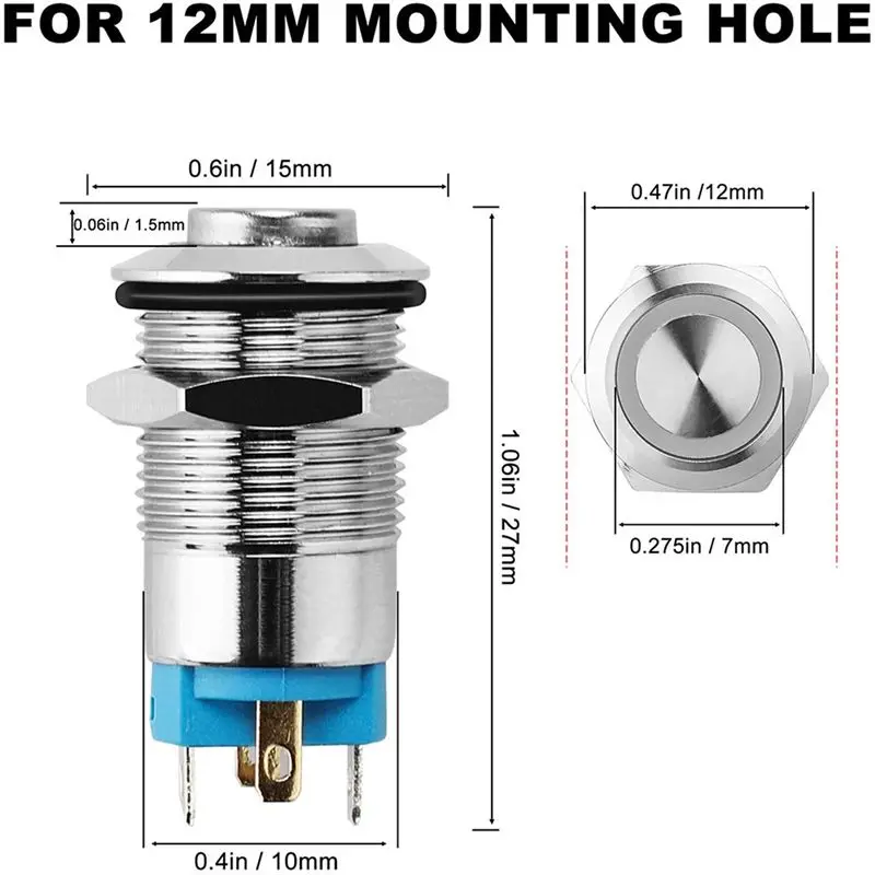 DT39 15PCS 12mm Latching Push Button Switch, Waterproof Metal Push Button Switch with Blue LED Light, 1NO1NC SPDT for Car RV