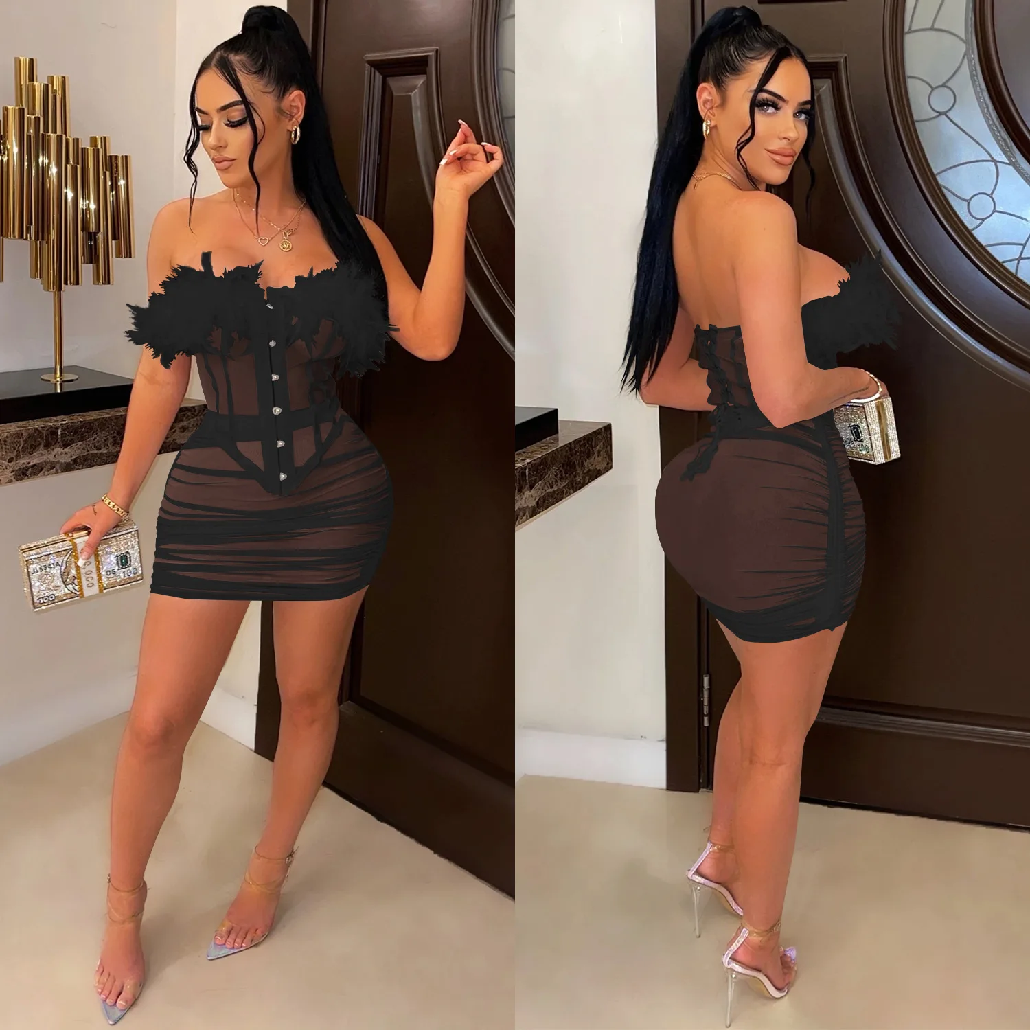 Personalizado feminino adulto dança do ventre moda outfit sexy malha ver através de penas rendas colete saia plissada traje de dança exótica