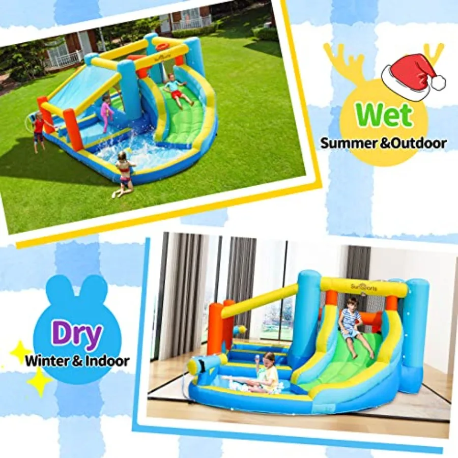 Backyard inflatable water slide bounce house for kids PVC material blue and yellow dual wet/dry use with quick-dry mesh view 5