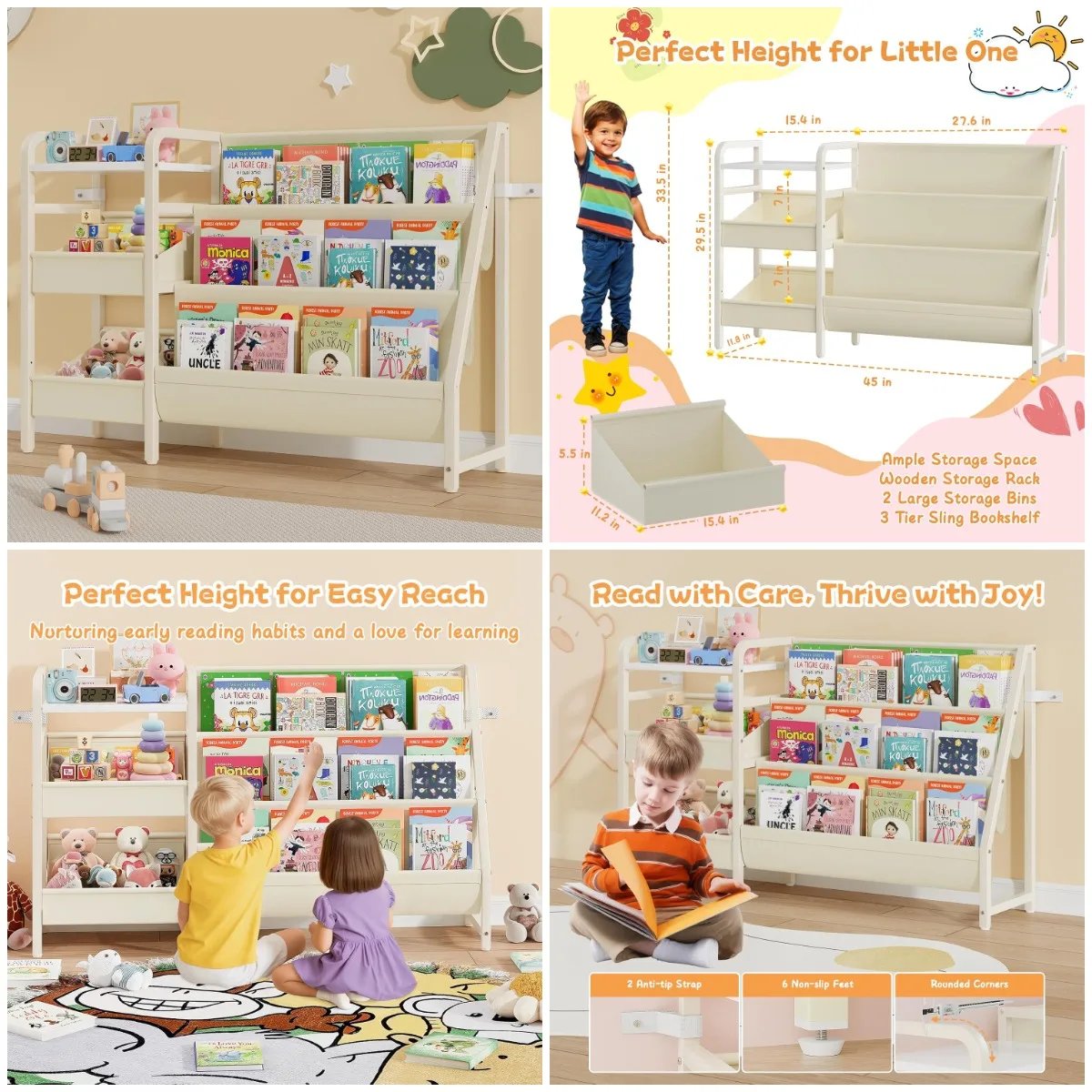 

B4 Kids Bookshelf, 3-Tier Toy Storage, Montessori Nursery Bookcase, White