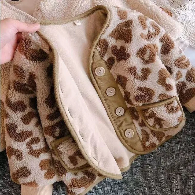 

Autumn/Winter New Boy and Girl Leopard Pattern Coat Collection Children's Lamb Wool and Velvet Thick Warm Jacket 1-6Years