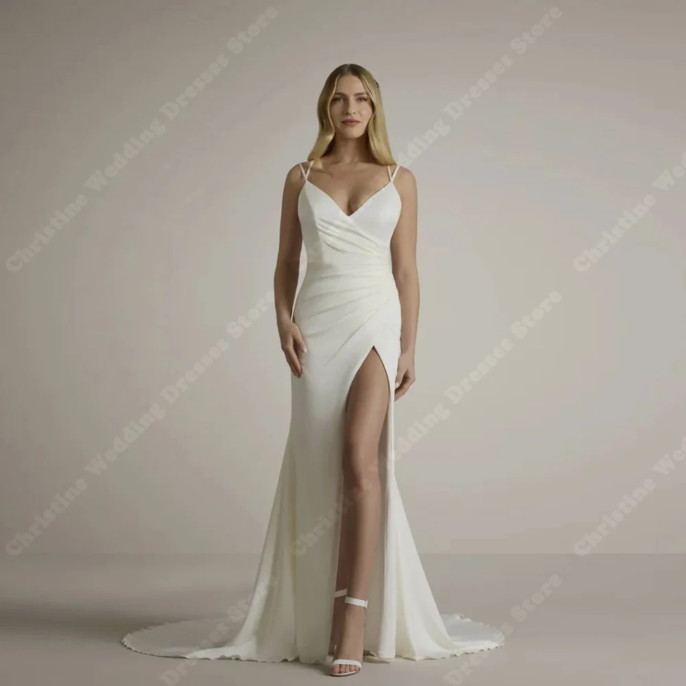 

Elegant Satin Women Wedding Dresses Sexy Deep V-Neck Mermaid Bridal Gowns Sleeveless Backless High Fork Bride Robes Customized