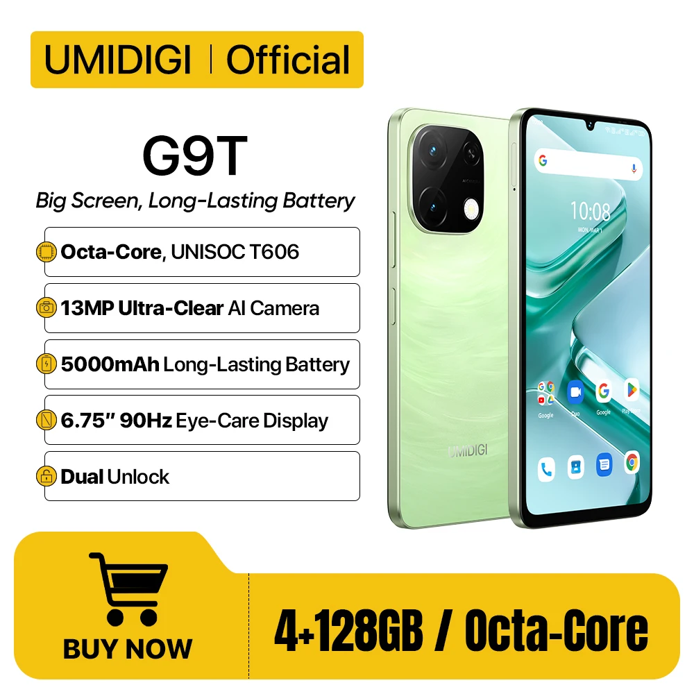 

UMIDIGI G9T Android 14 Smartphone UNISOC T606 4GB 128GB 6.75” Water Drop HD+ Display 13MP Camera 5000mAh Battery 2SIM Cellphone