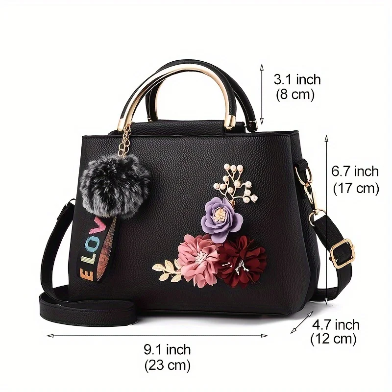 3D Flower Decor Handbag, Women\'s PU Leather Crossbody Bag, Fashion Small Top Handle Purse