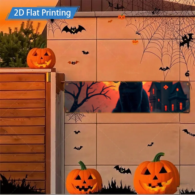 1 قطعة 4x16 بوصة علامة معدنية للهالوين 2D طباعة مسطحة علامة معدنية-قطة مخيفة وديكور منزل مسكون