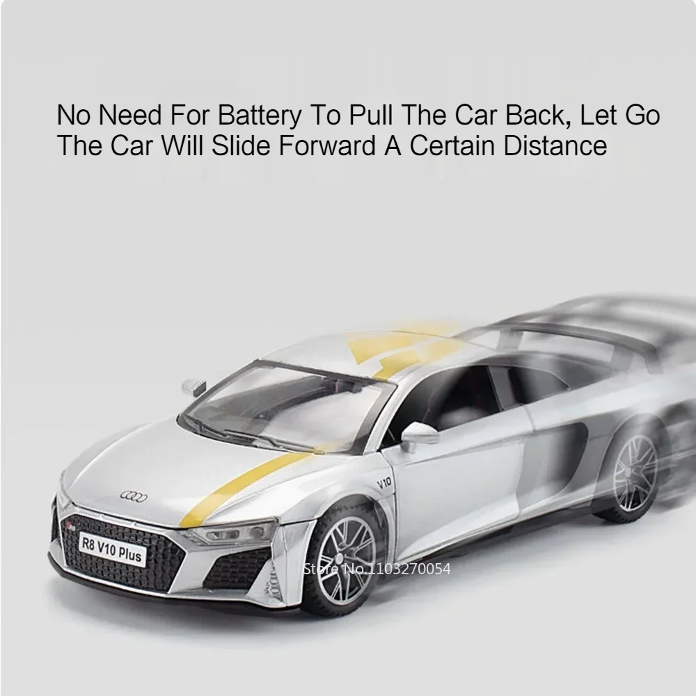 รถของเล่นโมเดล R8 V10 PLUS E-TRON ขนาด 1:32 ผลิตจากโลหะผสม พร้อมยางแบบยาง  มีเสียงและไฟ  แบบดึงหลัง  ของขวัญวันเกิดสำหรับเด็ก