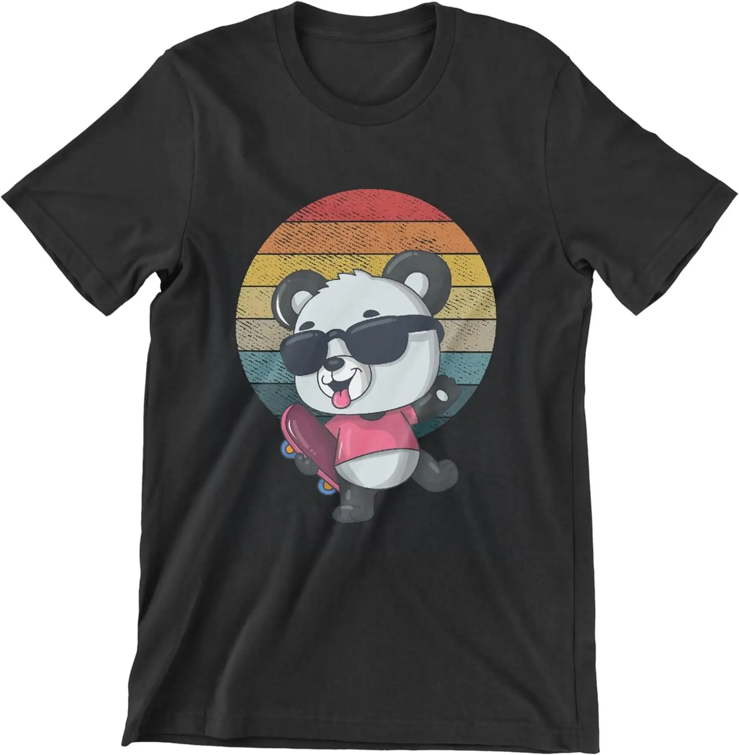 Retro Sunset Panda Skateboarding Sunglasses T-Shirt Short Sleeve Tee-100% Cotton Gifts