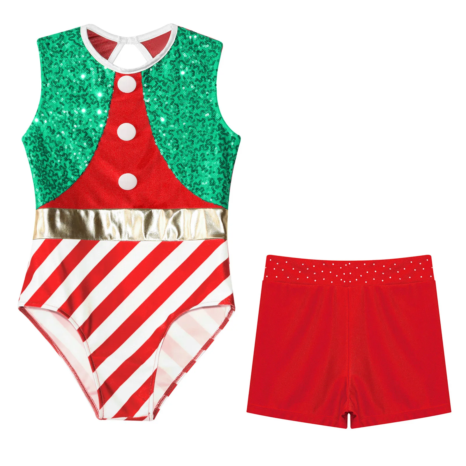 

#6-14 Christmas Cheering Bodysuit Costume Sleeveless Sequin Striped Jumpsuit Leotard with Rhinestones Waistband Shorts Set