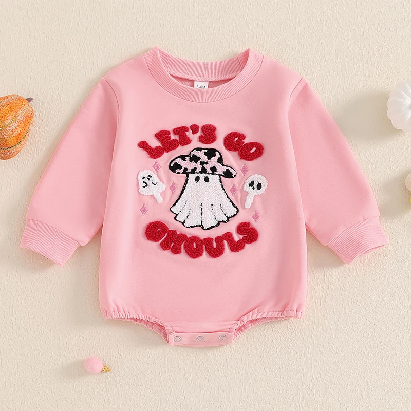 Mamelucos de Halloween para niñas pequeñas, monos de algodón con letras de fantasma, Patchwork bordado, manga larga, cuello redondo, monos de otoño, 0-12M